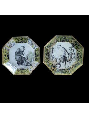 Set of 2 Decorative Glass Decoupage Monkey Plates Octagonal 9" Signed